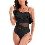 Maillot de bain femme 1 pi�ce stretch bandage col rond froufrous amincissante �t� - noir - mp58629194 ...