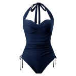 Maillot de bain femme 1 pice stretch  bretelle sans manche natation plage couleur unie - bleu