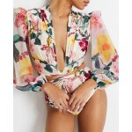 Maillot de bain femme 1 pice stretch col v manches longues natation plage fleur imprim - rose