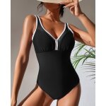 Maillot de bain femme 1 pièce stretch col v sans manche casual couleur unie - noir Maillot de bain femme 1 pièce stretch col v sans manche casual couleur unie - noir