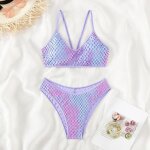 Maillot de bain femme 2 pièces bikini stretch à bretelle col v sans manche plage imprimé - violet Maillot de bain femme 2 pièces bikini stretch à bretelle col v sans manche plage imprimé - violet