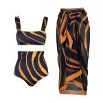 Maillot de bain femme 3 pices - marron noir - rayure imprime - ete plage piscine avec jupe longue