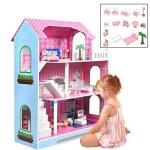 Maison de poupe - liliin - 3 niveaux - 11 pices - multicolore - mdf de haute qualit