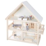 Maison de poup�e en bois - roba - 3 �tages avec 16 pi�ces de mobilier et 4 poup�es - naturel / blanc ...