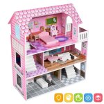 Maison de poupe pour enfants - suusolny - avec meubles - bois et mdf - rose