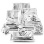 Malacasa srie blance 30 pices service de table porcelaine marbre le dessin de motif deau grise lisse ...