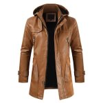Manteau - caban - pardessus homme dhiver en cuir casual zipper  capuche marron