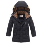 Manteau capuche hiver enfant garcon mi longue veste chaude epaisse couleur unie - noir Manteau capuche hiver enfant garcon mi longue veste chaude epaisse couleur unie - noir