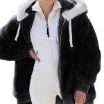Manteau à capuche à manches longues de couleur unie pour femmes hiver chaud zippé en polaire noir Manteau à capuche à manches longues de couleur unie pour femmes hiver chaud zippé en polaire noir