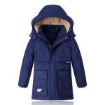 Manteau capuche mi longue enfant garcon hiver veste chaude epaisse couleur unie - bleu marine Manteau capuche mi longue enfant garcon hiver veste chaude epaisse couleur unie - bleu marine
