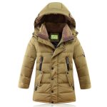 Manteau enfant garcon hiver - kaki - veste chaude mi longue - capuche amovible - duvet de canard