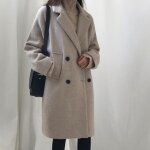 Manteau femme - mode corenne - beige - long - col rabattu - double boutonnage