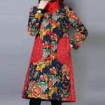 Manteau long chaud en coton imprim flora pour femmes dhiver - funmoon - rouge