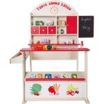 Marchande en bois - roba - tante emma - comptoir tableau 3 tiroirs - rouge / naturel
