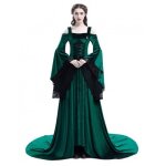Medieval lace epaule nu robe de soiree deguisement reine longue robe avec manches flares fbc03 vert