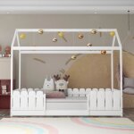 Merax lit cabane 90x200cm cadre de lit maison bois pin blanc avec sommier barrire scurit blanc sans ...