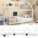 Lit cabane enfant 90x200 cm cadre de lit bois pin blanc avec sommier barrière sécurité et tableau ardoise ... Lit cabane enfant 90x200 cm cadre de lit bois pin blanc avec sommier barrière sécurité et tableau ardoise ...