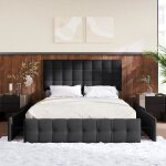 Lit double capitonn� - merax - 140x200cm - t�te de lit r�glable - 4 tiroirs de rangement - m�tal et lin ...