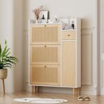 Meuble  chaussures en bois et rotin - 3 portes basculantes et 1 tiroir - avec pieds et poignes en bois ...