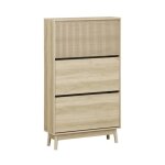 Meuble � chaussures scandinave d�cor bois clair 3 portes abattantes capacit� 18 paires de chaussures