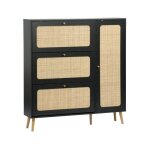 Meuble à chaussure cannage bohème noir. 3 tiroirs. 1 porte. 21 paires. 120 x 24 x 125 cm Meuble à chaussure cannage bohème noir. 3 tiroirs. 1 porte. 21 paires. 120 x 24 x 125 cm