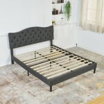 Meubles cosy lit double (140 x 190cm) avec t�te de lit capitonn�e en tissu gris (matelas non inclus) ...