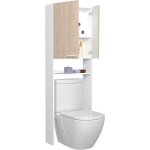 Meuble �tag�res wc - d�cor ch�ne et blanc - 2 portes - salle de bain / buanderie - l642 x p218 x h184 ...