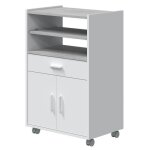 Meuble pour micro - ondes sur roulette en bois mlamin blanc effet bton - longueur 59 x profondeur ...