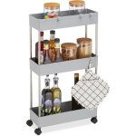 Relaxdays meuble polyvalent  roulettes 70x155x405 cm plastique acier inoxydable 4 crochets 3 tagres ...