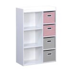 Meuble de rangement pour enfant avec 7 compartiments et 2 paniers roses et 2 paniers gris en velours