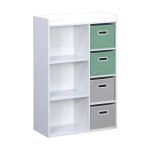 Meuble de rangement pour enfant avec 7 compartiments. 2 paniers verts et 2 paniers gris en velours