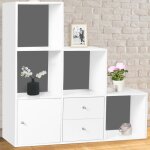 Idmarket meuble de rangement en escalier liam 3 niveaux bois blanc fond gris avec porte et tiroirs