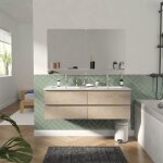 Meuble double vasque 120cm avec plan cramique sorrento dcor chne + miroir
