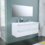 Meuble de salle de bain double vasque avec miroir l 120cm - 4 tiroirs - blanc laqu� brillant - zoom