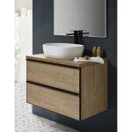 Meuble de salle de bain montral avec 2 tiroirs suspendus chne nordique + vasque  poser + miroir - ...