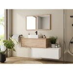 Meuble de salle de bain suspendu blanc et naturel clair avec simple vasque carre et deux tiroirs - 94 ...