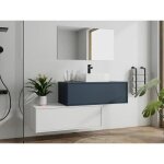 Meuble de salle de bain suspendu bleu nuit et blanc avec simple vasque carre et deux tiroirs - teana ...
