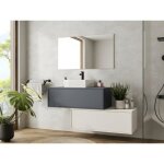 Meuble de salle de bain suspendu gris anthracite et blanc avec simple vasque carre et deux tiroirs - ...