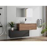 Meuble de salle de bain suspendu naturel fonc et anthracite avec simple vasque carre et deux tiroirs ...