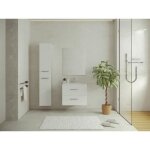 Meuble de salle de bain suspendu simple vasque avec colonne de rangement - coloris blanc - 60 cm - kayla ...