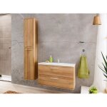 Meuble de salle de bain suspendu simple vasque avec colonne de rangement - coloris naturel clair - 80 ... Meuble de salle de bain suspendu simple vasque avec colonne de rangement - coloris naturel clair - 80 ...