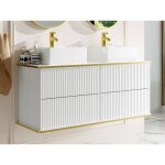 Meuble de salle de bain suspendu strié liseré doré avec double vasque à poser carrée - blanc - 120 cm ... Meuble de salle de bain suspendu strié liseré doré avec double vasque à poser carrée - blanc - 120 cm ...