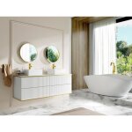 Meuble de salle de bain suspendu stri� liser� dor� avec double vasque � poser carr�e et 4 tiroirs - blanc ...