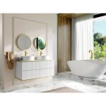 Meuble de salle de bain suspendu strié liseré doré avec double vasque à poser ronde - blanc - 120 cm ... Meuble de salle de bain suspendu strié liseré doré avec double vasque à poser ronde - blanc - 120 cm ...