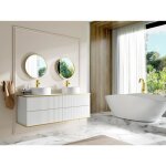 Meuble de salle de bain suspendu stri� liser� dor� avec double vasque � poser ronde et 4 tiroirs - blanc ...
