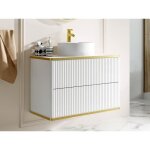 Meuble de salle de bain suspendu stri� liser� dor� avec vasque � poser ronde - blanc - 80 cm - keliza ...