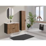 Meuble de salle de bain suspendu stri� avec vasque � encastrer et colonne - naturel clair et noir - 80 ...