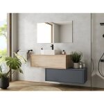 Meuble de salle de bain suspendu naturel clair et anthracite avec simple vasque carrée et deux tiroirs ... Meuble de salle de bain suspendu naturel clair et anthracite avec simple vasque carrée et deux tiroirs ...