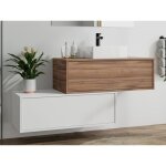 Meuble de salle de bain suspendu naturel foncé et blanc avec simple vasque carrée et deux tiroirs - 94 ... Meuble de salle de bain suspendu naturel foncé et blanc avec simple vasque carrée et deux tiroirs - 94 ...
