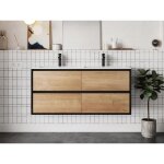 Meuble de salle de bain suspendu avec vasque  encastrer - coloris naturel clair et noir - 120 cm - lannick ...